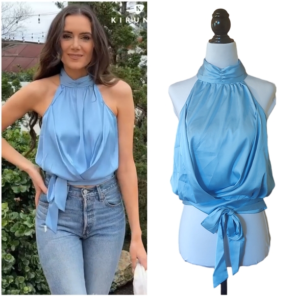 Kirundo Tops - NWT Kirundo Sky Blue Satin Silk Crop Halter Sleeveless Tie Blouse Top Shirt M